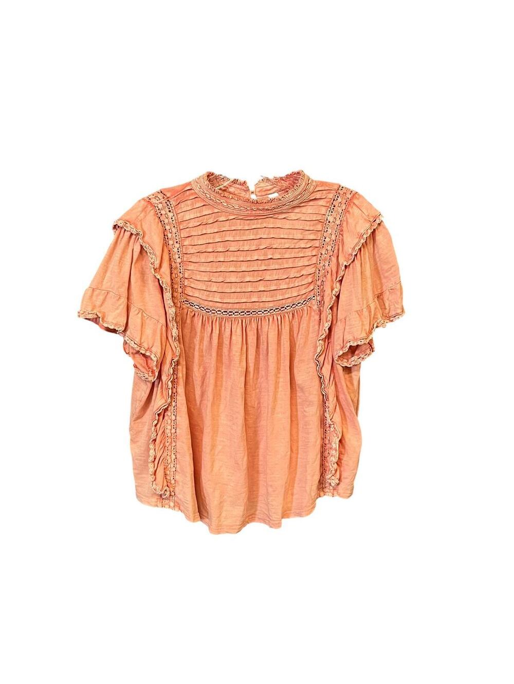 Free People Peach Pintuck Flutter Sleeve Cotton Blouse Women’s M Boho Cottage